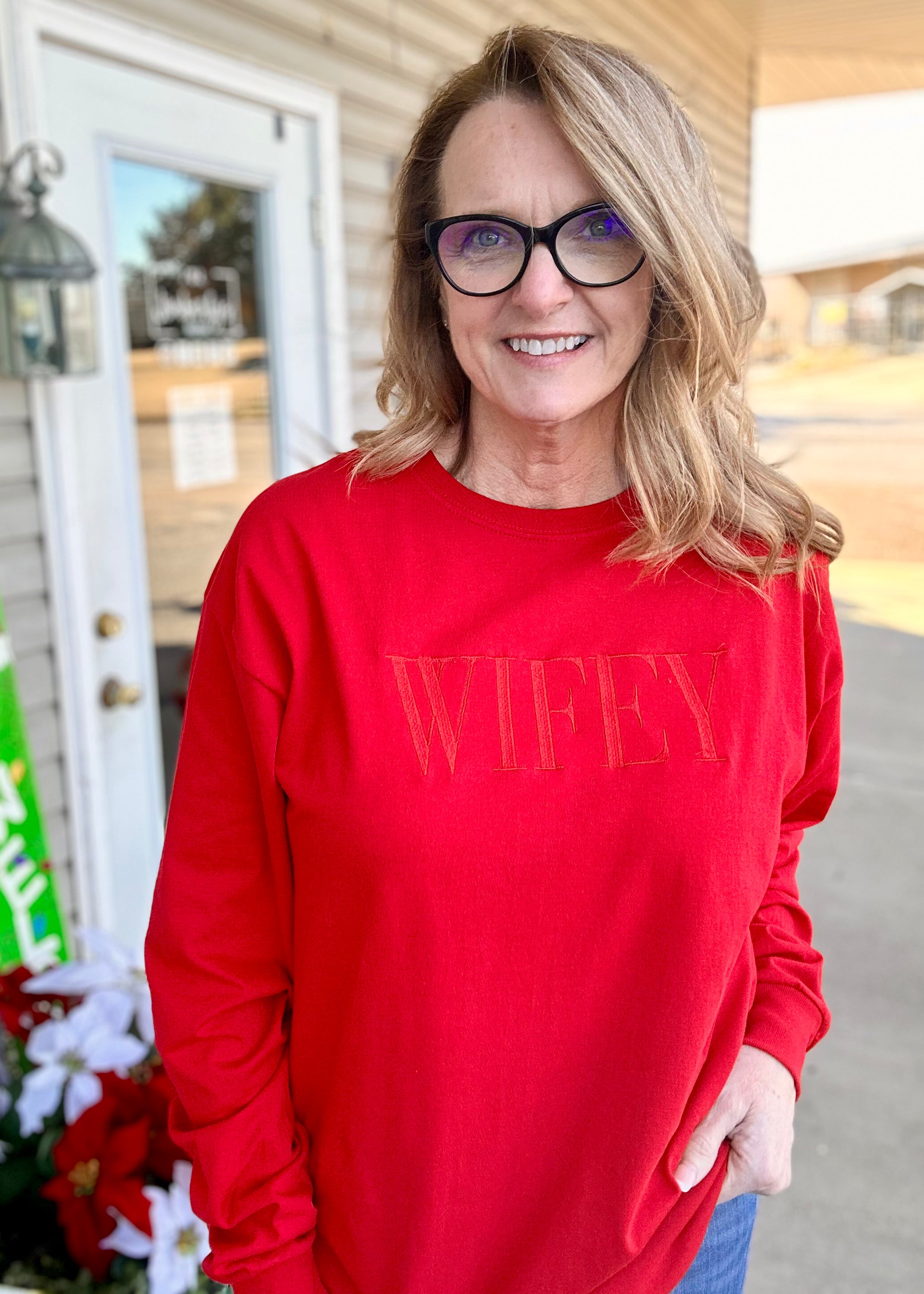 Wifey Embroidered Long Sleeve - Red - Embroidered Sweatshirt -Jimberly's Boutique-Olive Branch-Mississippi