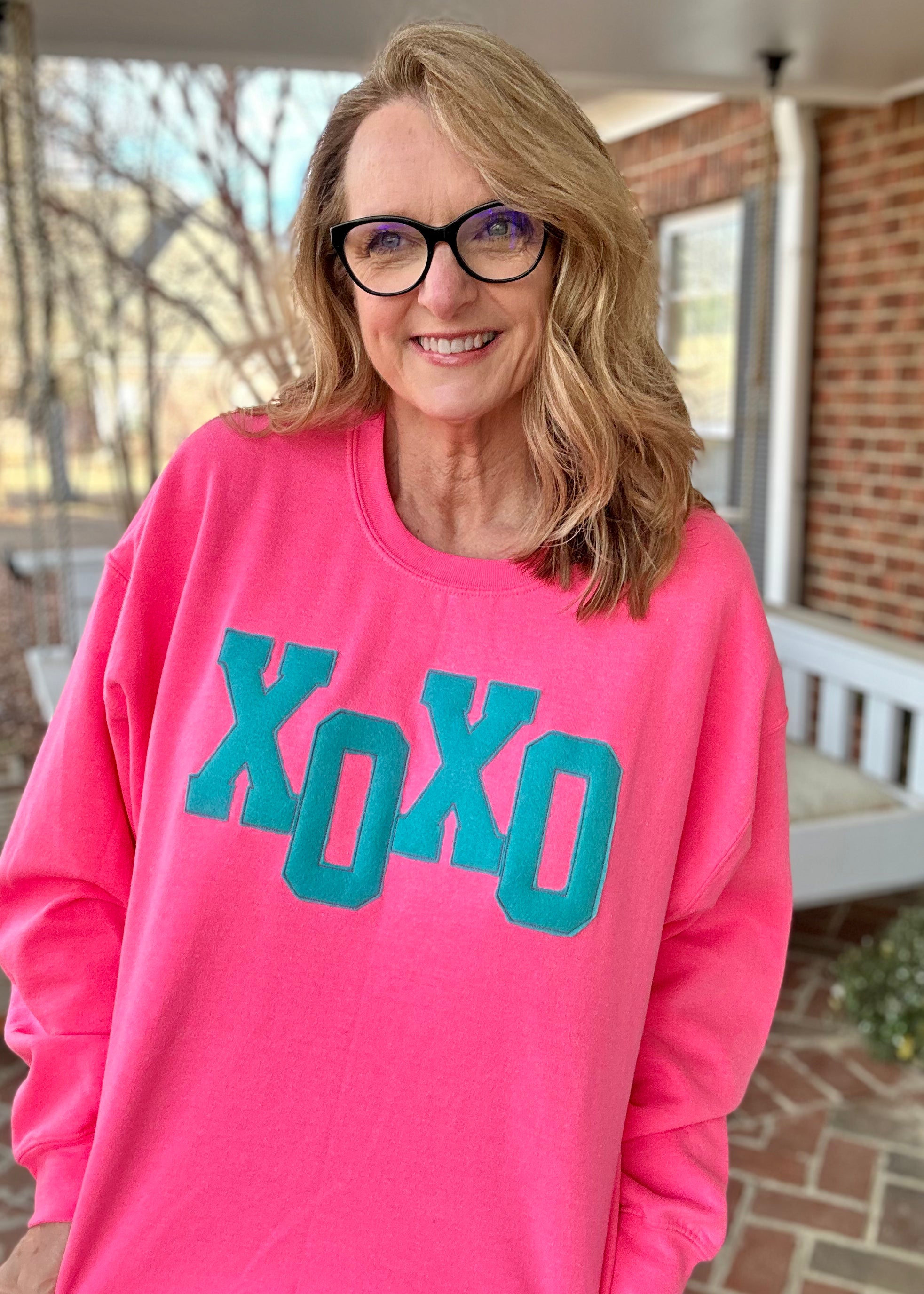 XOXO Applique' Sweatshirt | Neon Pink | Olive Branch, MS - Graphic Tee -Jimberly's Boutique-Olive Branch-Mississippi