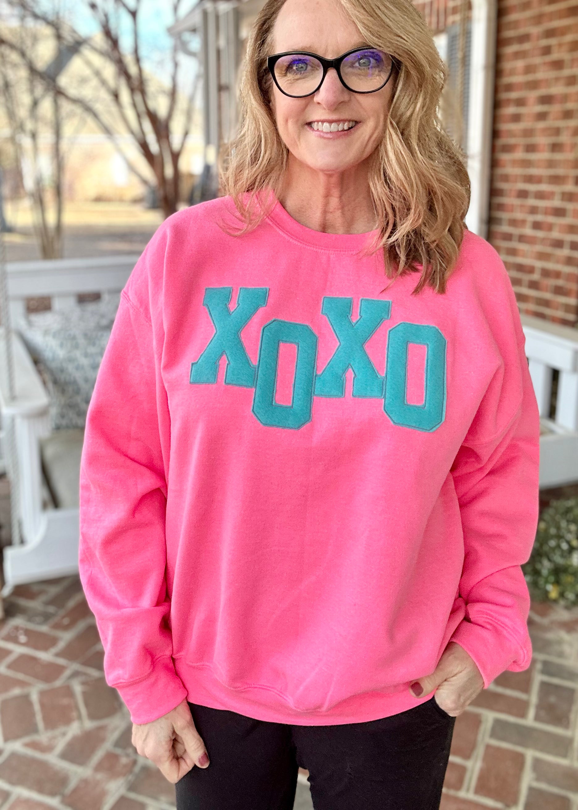 XOXO Applique' Sweatshirt | Neon Pink | Olive Branch, MS - Graphic Tee -Jimberly's Boutique-Olive Branch-Mississippi