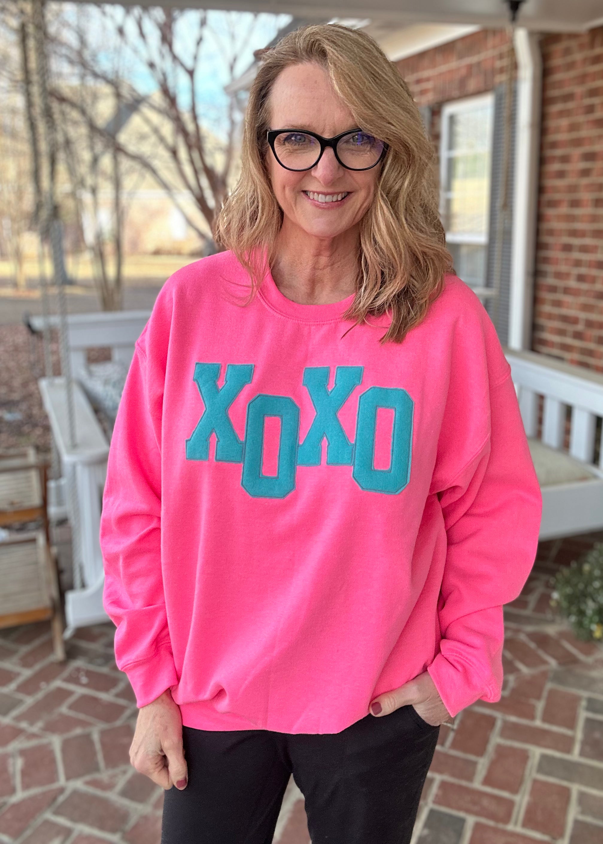 XOXO Applique' Sweatshirt | Neon Pink | Olive Branch, MS - Graphic Tee -Jimberly's Boutique-Olive Branch-Mississippi