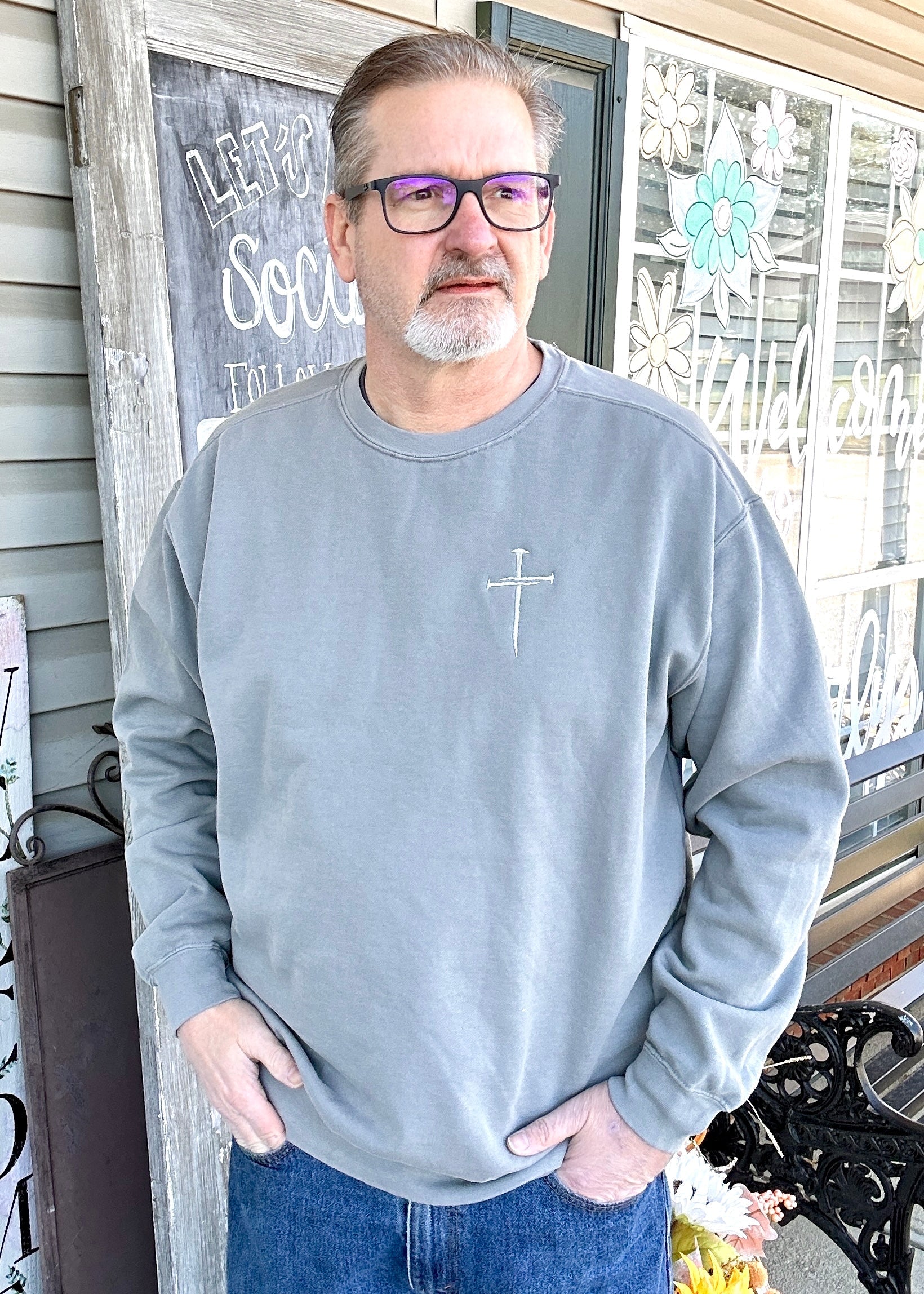 Cross of Nails | Embroidered | Sweatshirt | Grey - Embroidered Comfort Colors -Jimberly's Boutique-Olive Branch-Mississippi