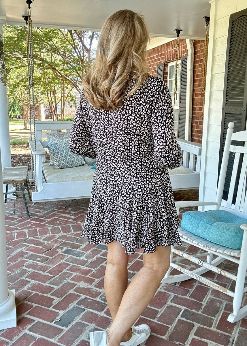 Animal Print Balloon Sleeve Dress - Black Combo - dress - Jimberly's Boutique - Olive Branch - Mississippi