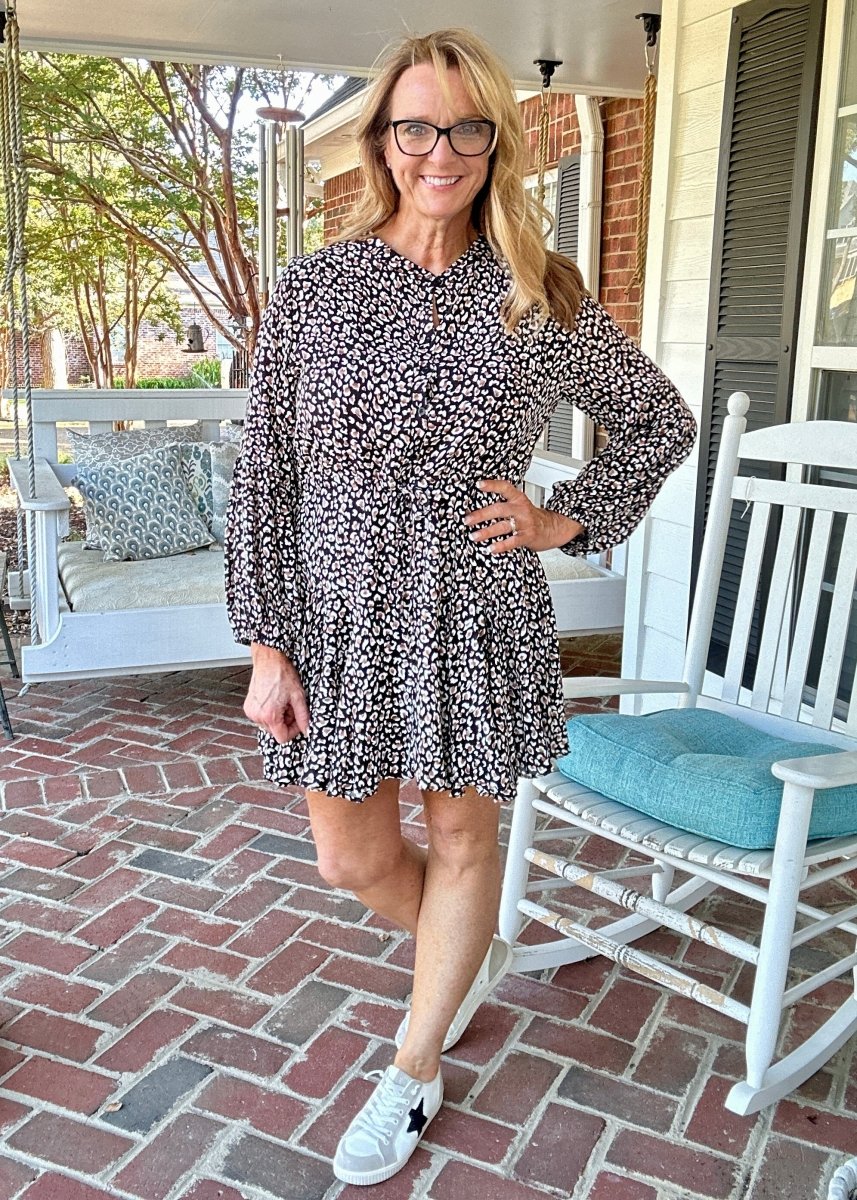 Animal Print Balloon Sleeve Dress - Black Combo - dress - Jimberly's Boutique - Olive Branch - Mississippi