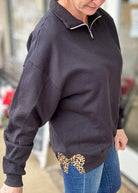 Black with Leopard Side Bows Cadet Quarter - Zip Pullover - Cadet Quarter Zip - Jimberly's Boutique - Olive Branch - Mississippi