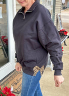 Black with Leopard Side Bows Cadet Quarter - Zip Pullover - Cadet Quarter Zip - Jimberly's Boutique - Olive Branch - Mississippi