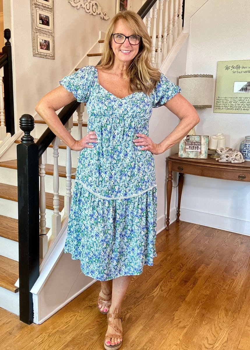 Blue Multi Print Bubble Sleeve Midi Dress | Kori - dress - Jimberly's Boutique - Olive Branch - Mississippi