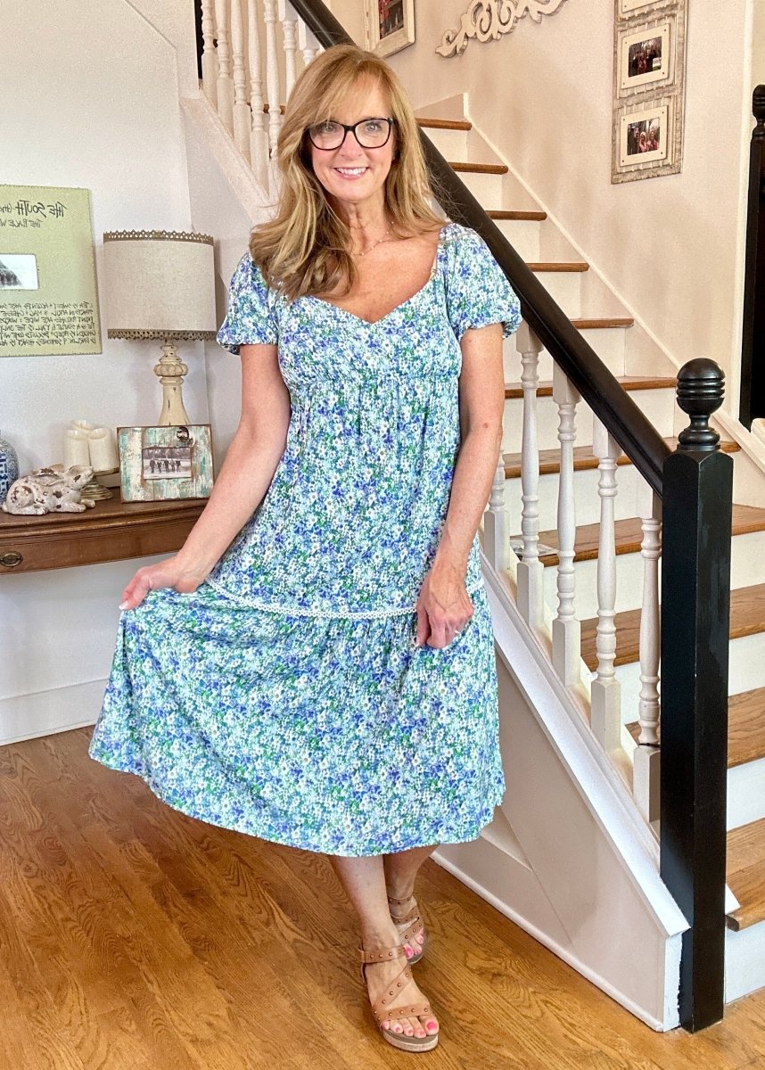 Blue Multi Print Bubble Sleeve Midi Dress | Kori - dress - Jimberly's Boutique - Olive Branch - Mississippi