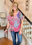 Boho Ruffles Top - Mixed Print V - Neck | Umgee Plus Sizes - Umgee Top - Jimberly's Boutique - Olive Branch - Mississippi