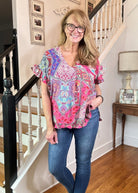 Boho Ruffles Top - Mixed Print V - Neck | Umgee Plus Sizes - Umgee Top - Jimberly's Boutique - Olive Branch - Mississippi