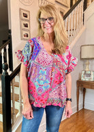 Boho Ruffles Top - Mixed Print V - Neck | Umgee Plus Sizes - Umgee Top - Jimberly's Boutique - Olive Branch - Mississippi