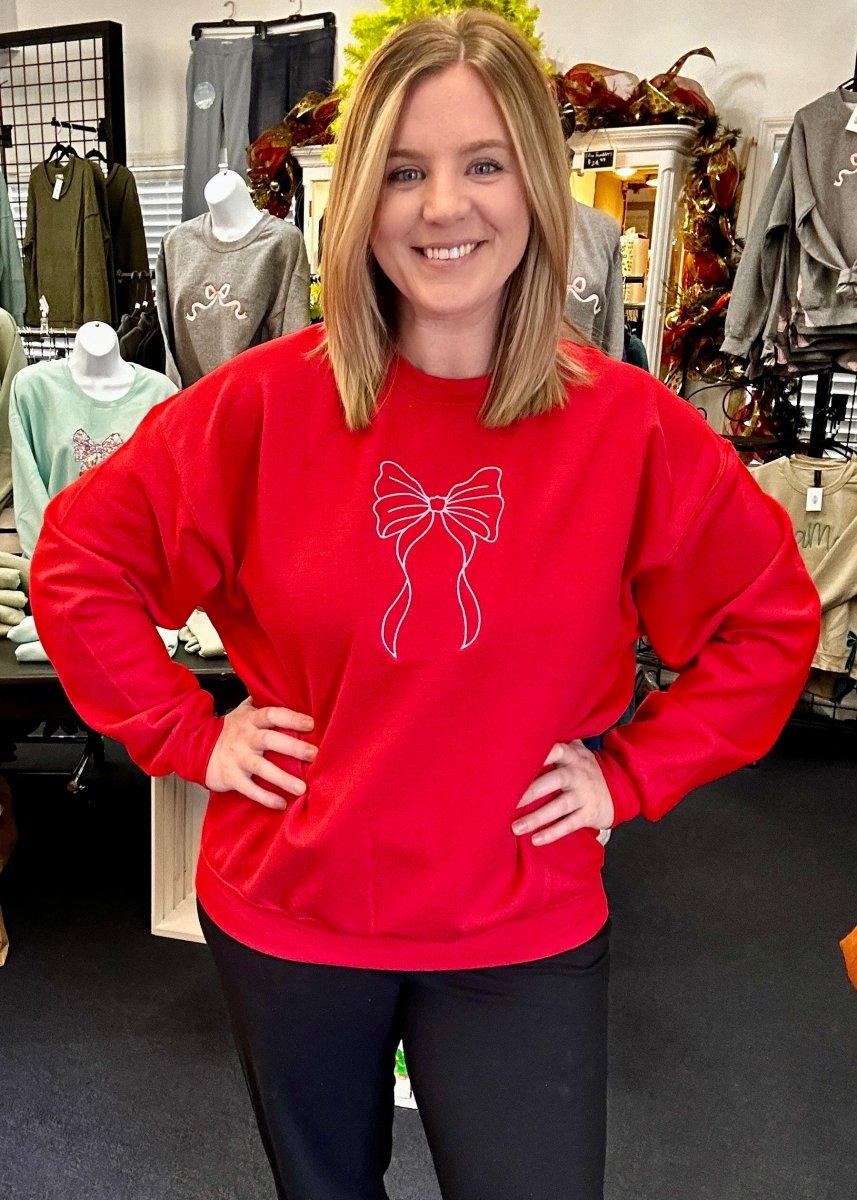 Bow Embroidered Sweatshirt - Red w/Light Pink - Embroidered Sweatshirt - Jimberly's Boutique - Olive Branch - Mississippi