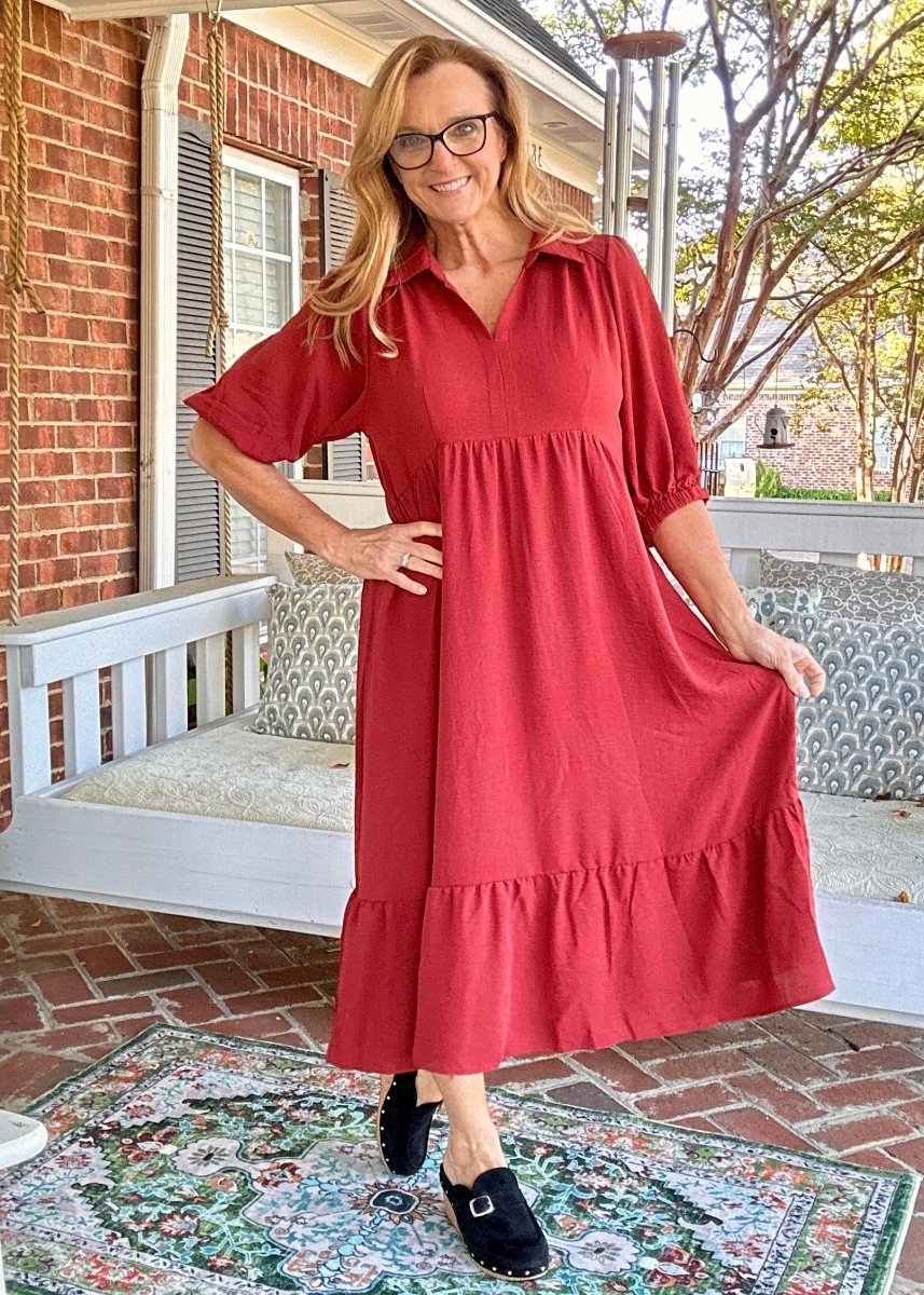 Brick Collared V Neck Midi Dress | Umgee - Maxi Dress - Jimberly's Boutique - Olive Branch - Mississippi