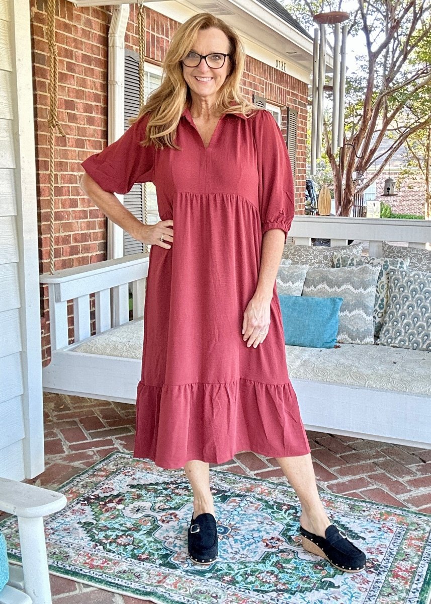 Brick Collared V Neck Midi Dress | Umgee - Maxi Dress - Jimberly's Boutique - Olive Branch - Mississippi