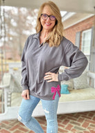 Charcoal with Hot Pink Glitter Side Bows Cadet Quarter - Zip Pullover - Cadet Quarter Zip - Jimberly's Boutique - Olive Branch - Mississippi