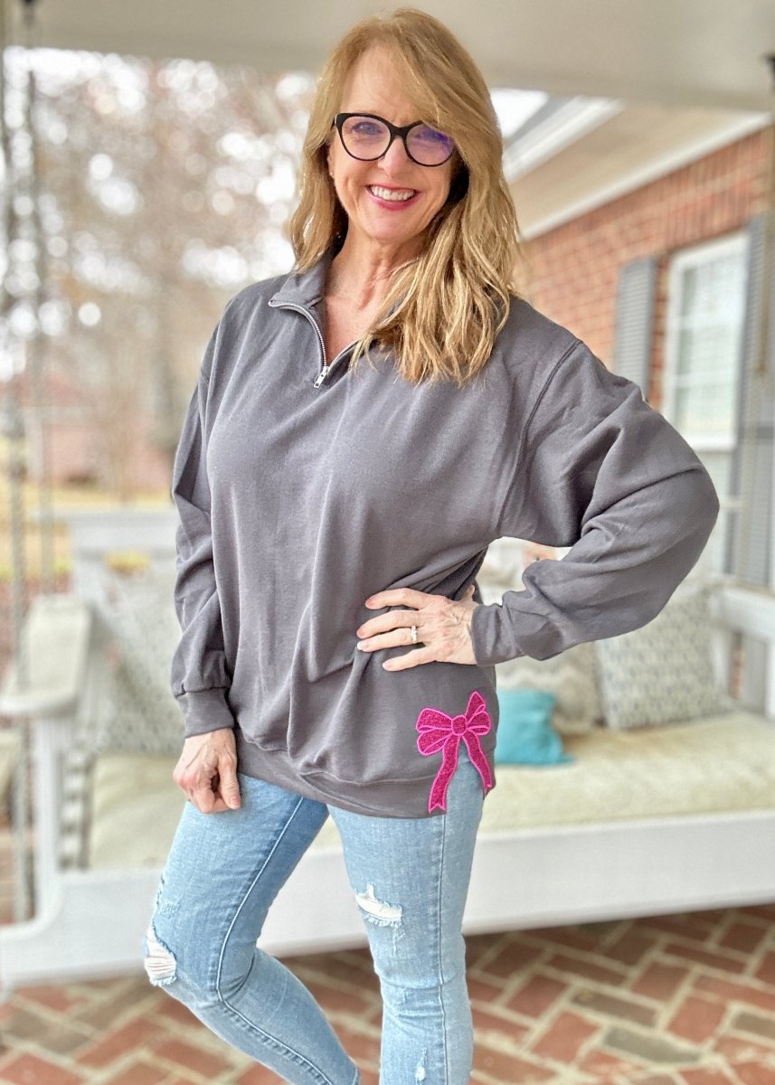 Charcoal with Hot Pink Glitter Side Bows Cadet Quarter - Zip Pullover - Cadet Quarter Zip - Jimberly's Boutique - Olive Branch - Mississippi