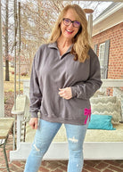 Charcoal with Hot Pink Glitter Side Bows Cadet Quarter - Zip Pullover - Cadet Quarter Zip - Jimberly's Boutique - Olive Branch - Mississippi