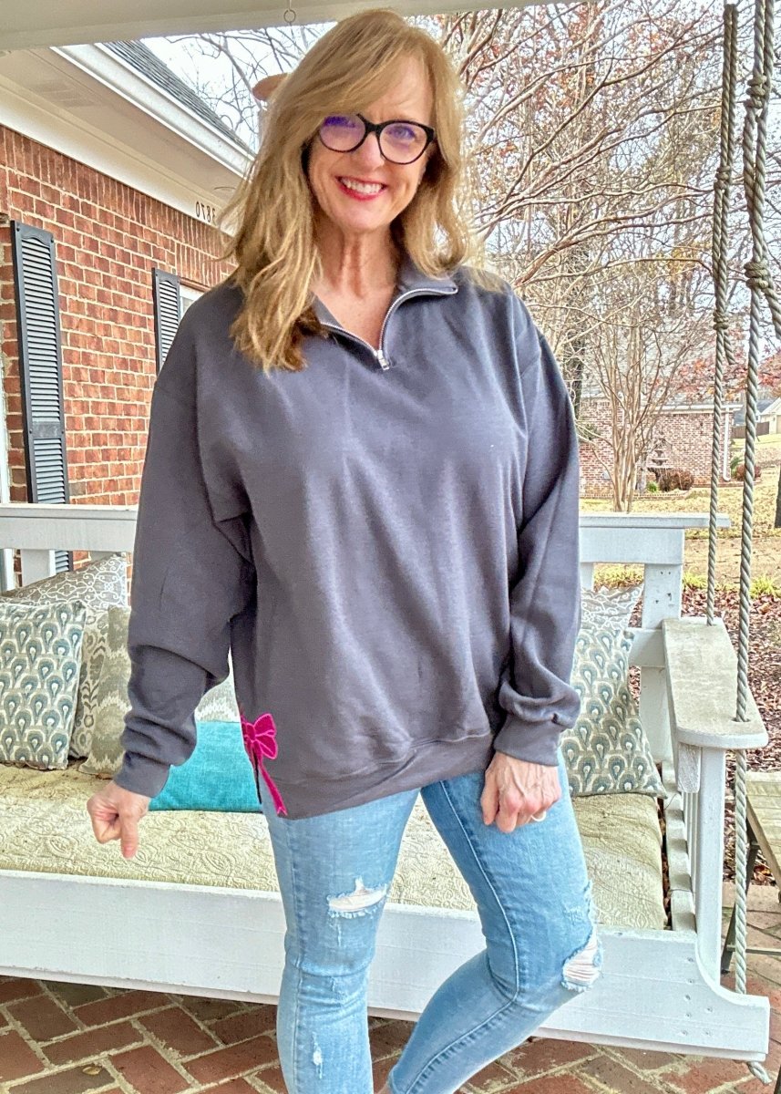 Charcoal with Hot Pink Glitter Side Bows Cadet Quarter - Zip Pullover - Cadet Quarter Zip - Jimberly's Boutique - Olive Branch - Mississippi