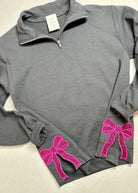 Charcoal with Hot Pink Glitter Side Bows Cadet Quarter - Zip Pullover - Cadet Quarter Zip - Jimberly's Boutique - Olive Branch - Mississippi