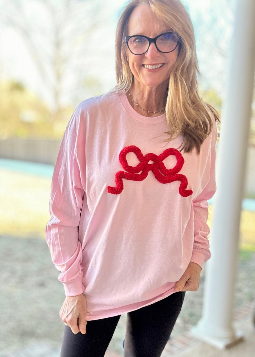 Chenille Bow Applique' Long Sleeve T Shirt - Pink w/Red Bow - Jimberly's Boutique - Olive Branch - Mississippi