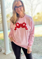 Chenille Bow Applique' Long Sleeve T Shirt - Pink w/Red Bow - Jimberly's Boutique - Olive Branch - Mississippi