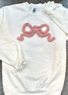 Chenille Bow Applique' Sweatshirt - White Sweatshirt with Mauve/Pink Bow - Jimberly's Boutique - Olive Branch - Mississippi