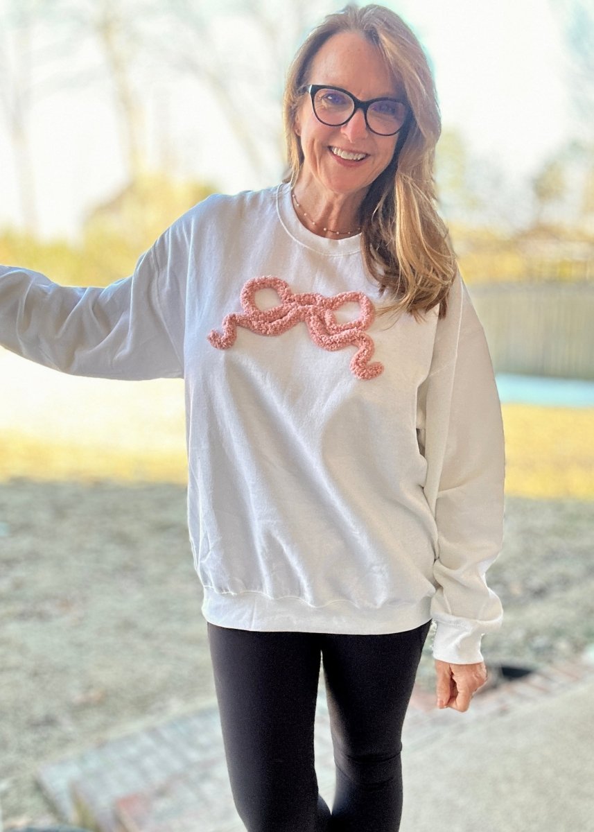 Chenille Bow Applique' Sweatshirt - White Sweatshirt with Mauve/Pink Bow - Jimberly's Boutique - Olive Branch - Mississippi