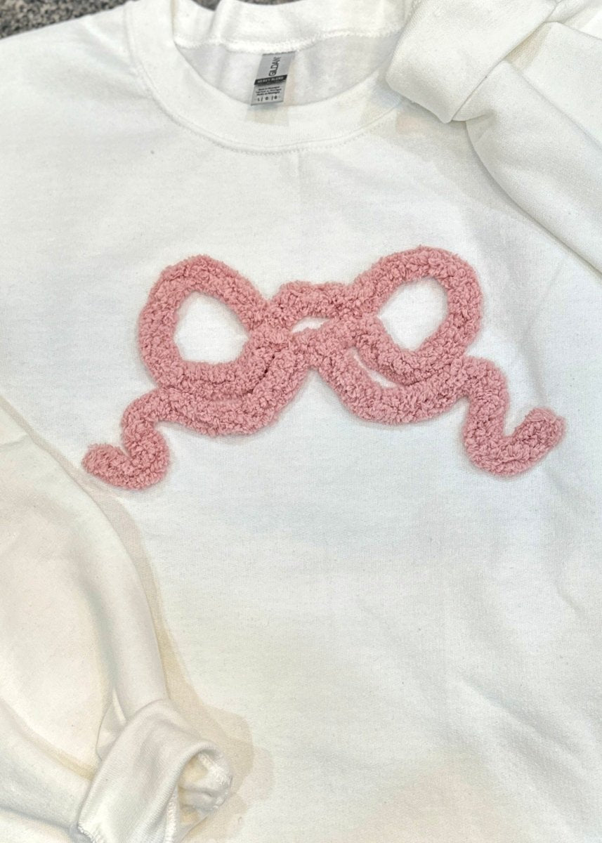 Chenille Bow Applique' Sweatshirt - White Sweatshirt with Mauve/Pink Bow - Jimberly's Boutique - Olive Branch - Mississippi