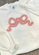 Chenille Bow Applique' Sweatshirt - White Sweatshirt with Mauve/Pink Bow - Jimberly's Boutique - Olive Branch - Mississippi