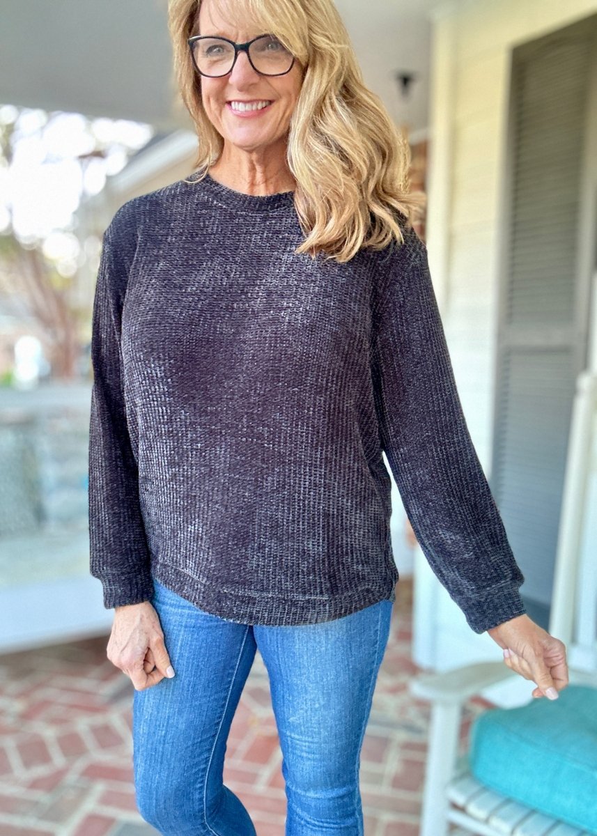 Chenille Crew Neck Sweater - Black | Zenana - sweater - Jimberly's Boutique - Olive Branch - Mississippi