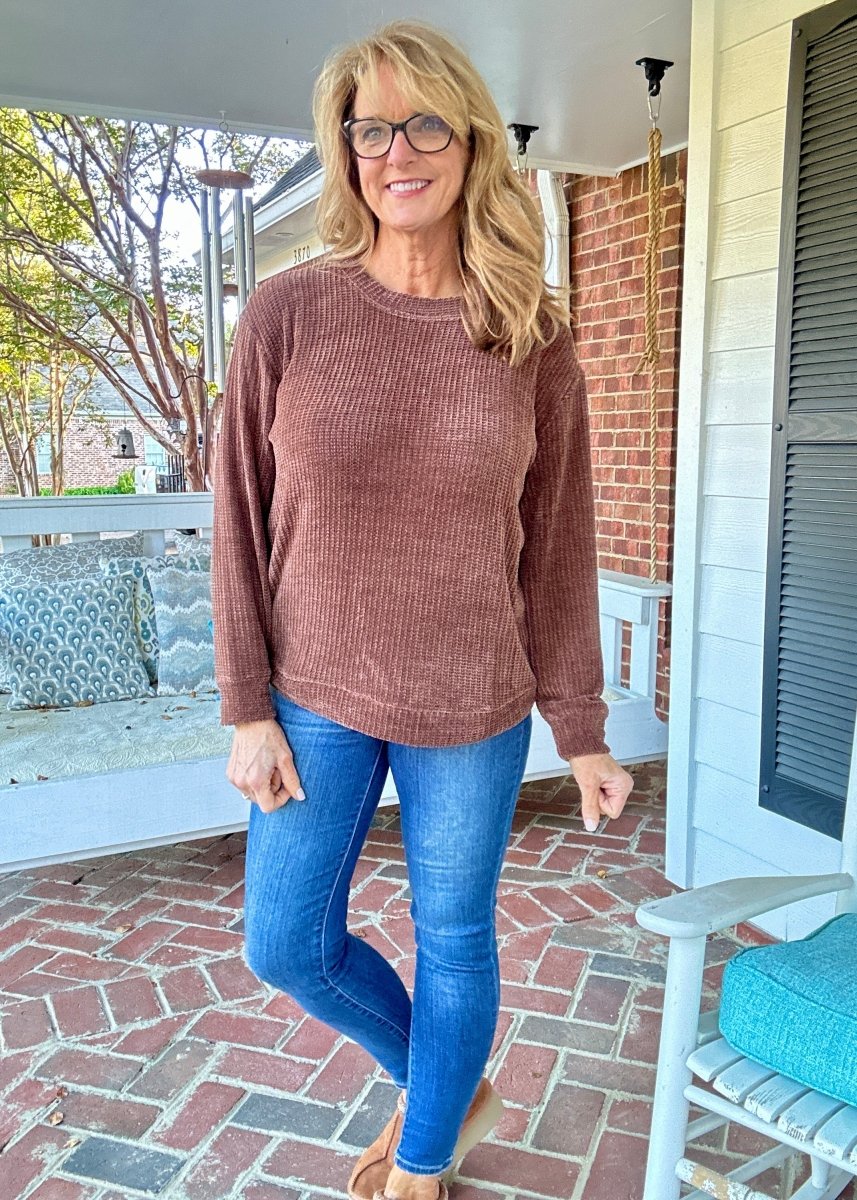 Chenille Crew Neck Sweater - Brown | Zenana - sweater - Jimberly's Boutique - Olive Branch - Mississippi