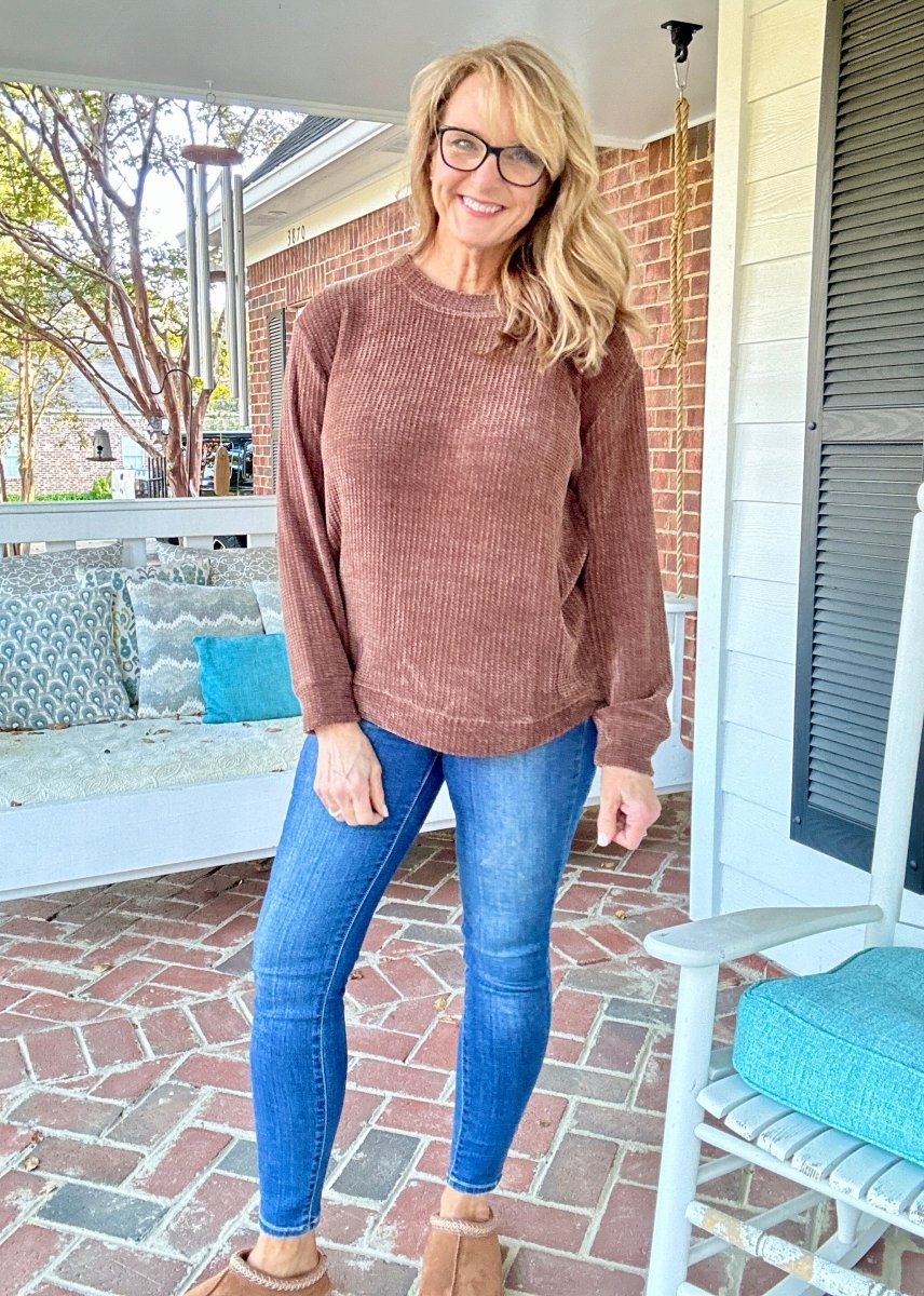 Chenille Crew Neck Sweater - Brown | Zenana - sweater - Jimberly's Boutique - Olive Branch - Mississippi