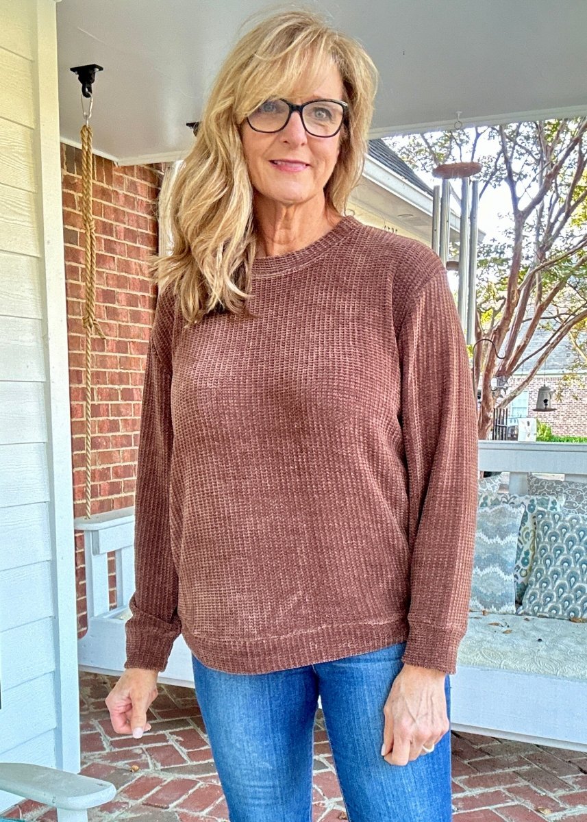 Chenille Crew Neck Sweater - Brown | Zenana - sweater - Jimberly's Boutique - Olive Branch - Mississippi