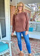 Chenille Crew Neck Sweater - Brown | Zenana - sweater - Jimberly's Boutique - Olive Branch - Mississippi