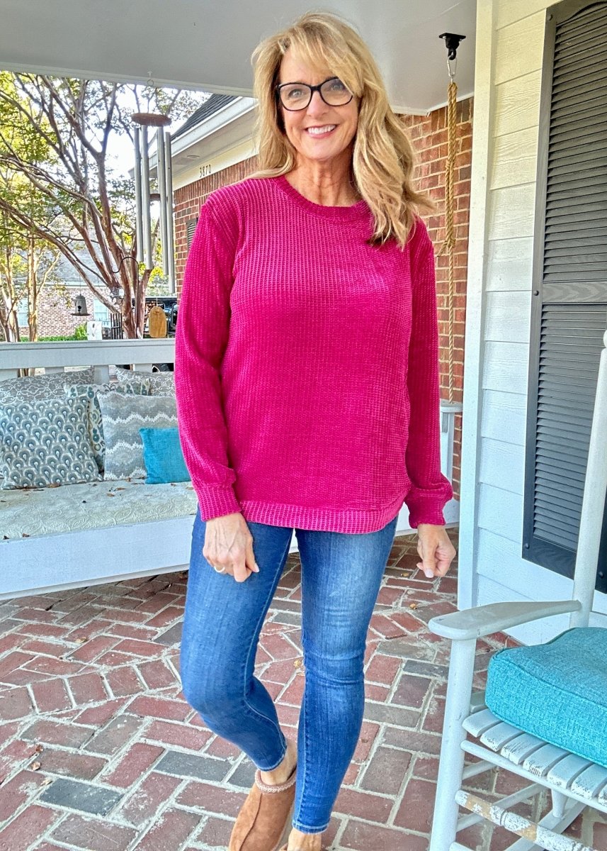 Chenille Crew Neck Sweater - Cabernet | Zenana - sweater - Jimberly's Boutique - Olive Branch - Mississippi