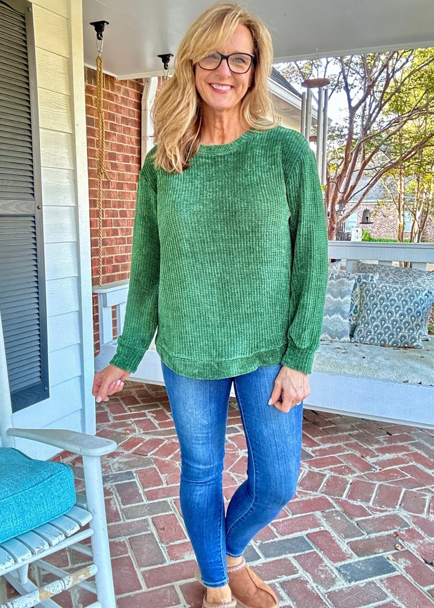 Chenille Crew Neck Sweater - Dk Green | Zenana - sweater - Jimberly's Boutique - Olive Branch - Mississippi