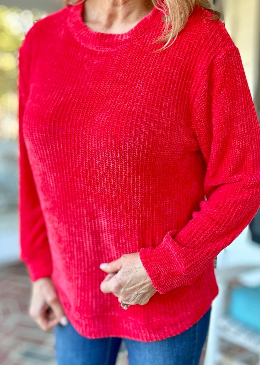 Chenille Crew Neck Sweater - Red | Zenana - sweater - Jimberly's Boutique - Olive Branch - Mississippi