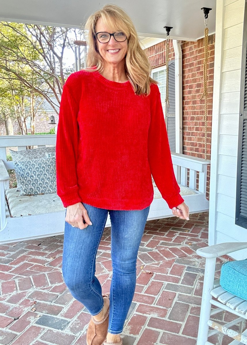 Chenille Crew Neck Sweater - Red | Zenana - sweater - Jimberly's Boutique - Olive Branch - Mississippi