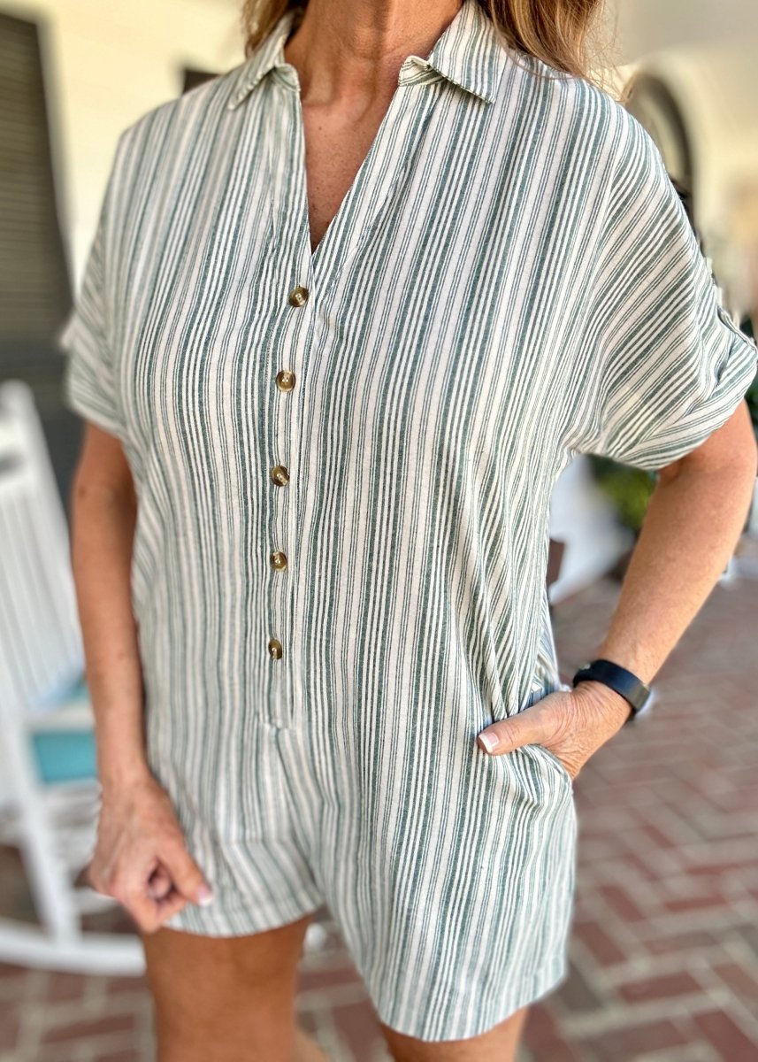 Collared Romper with Pockets - Green - romper - Jimberly's Boutique - Olive Branch - Mississippi