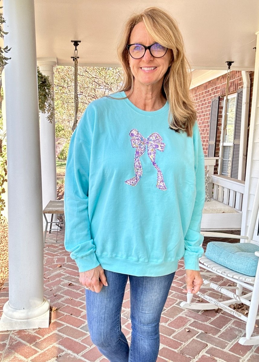 Coquette Bow Applique' Sweatshirt - Purist Blue w/Purple Floral - Jimberly's Boutique - Olive Branch - Mississippi