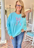 Coquette Bow Applique' Sweatshirt - Purist Blue w/Purple Floral - Jimberly's Boutique - Olive Branch - Mississippi