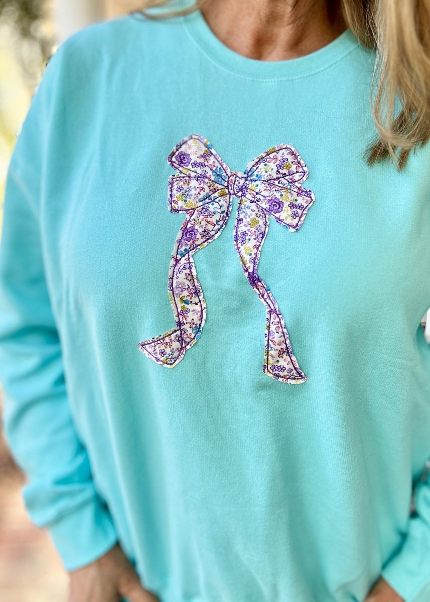 Coquette Bow Applique' Sweatshirt - Purist Blue w/Purple Floral - Jimberly's Boutique - Olive Branch - Mississippi