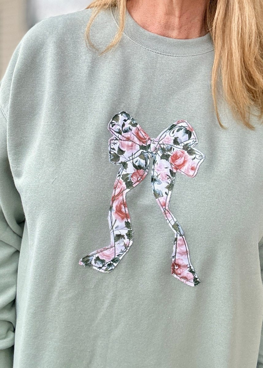 Coquette Bow Applique' Sweatshirt - Sage w/Rose Floral - Jimberly's Boutique - Olive Branch - Mississippi