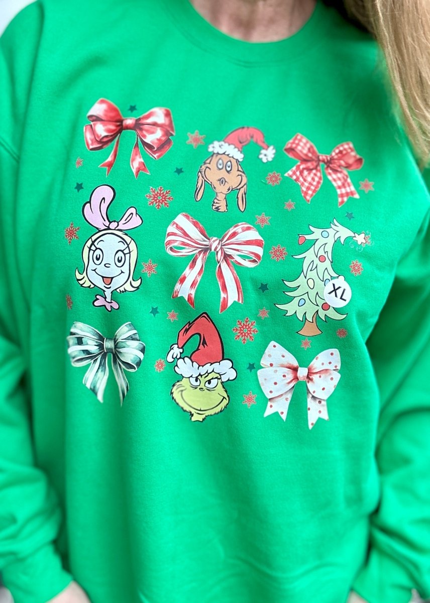 Coquette Grinch Side Glitter Applique' Bows Sweatshirt - Sweatshirt - Jimberly's Boutique - Olive Branch - Mississippi