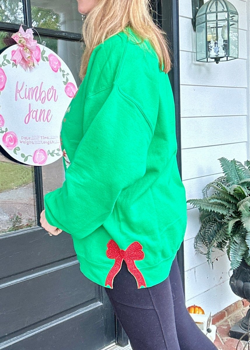 Coquette Grinch Side Glitter Applique' Bows Sweatshirt - Sweatshirt - Jimberly's Boutique - Olive Branch - Mississippi