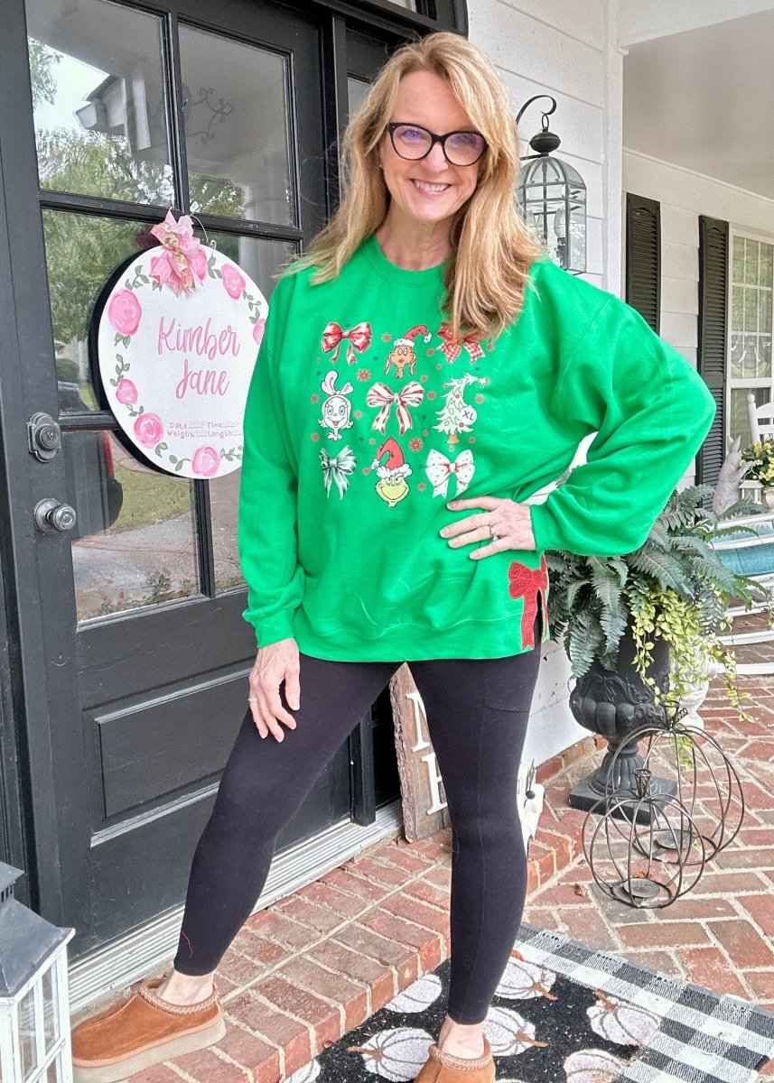 Coquette Grinch Side Glitter Applique' Bows Sweatshirt - Sweatshirt - Jimberly's Boutique - Olive Branch - Mississippi