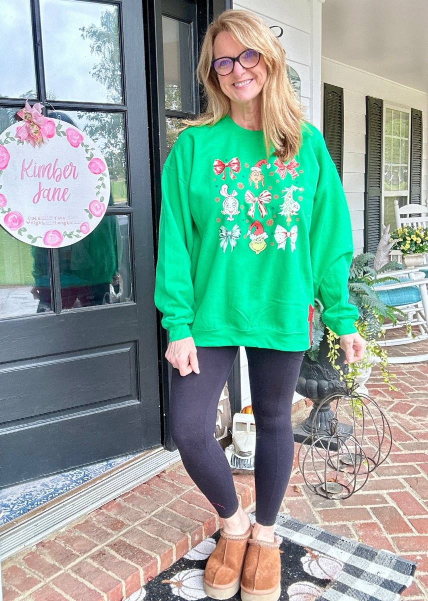 Coquette Grinch Side Glitter Applique' Bows Sweatshirt - Sweatshirt - Jimberly's Boutique - Olive Branch - Mississippi