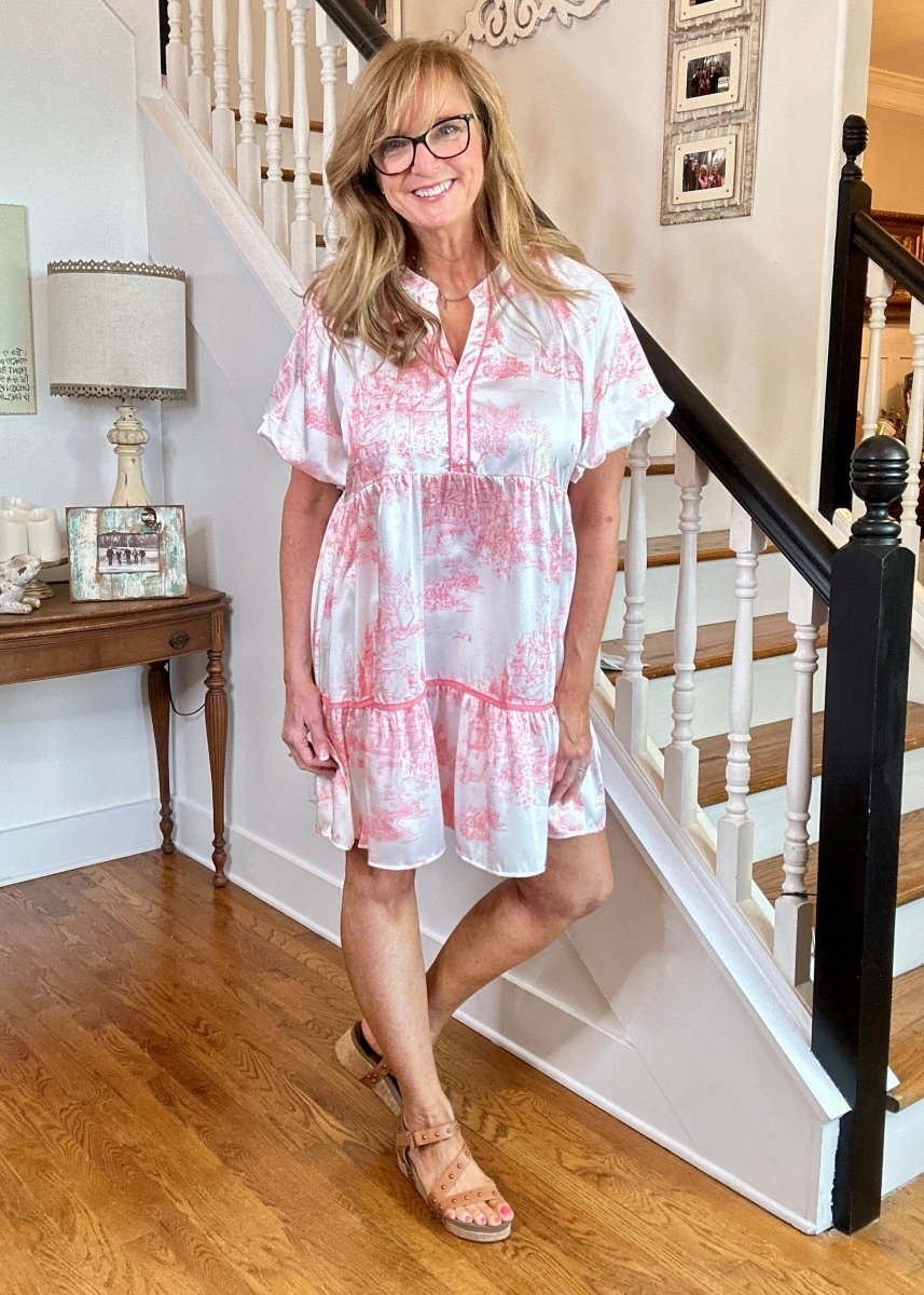 Coral Pink Landscape Print Dress | Elegant Fashion - Umgee Dress - Jimberly's Boutique - Olive Branch - Mississippi