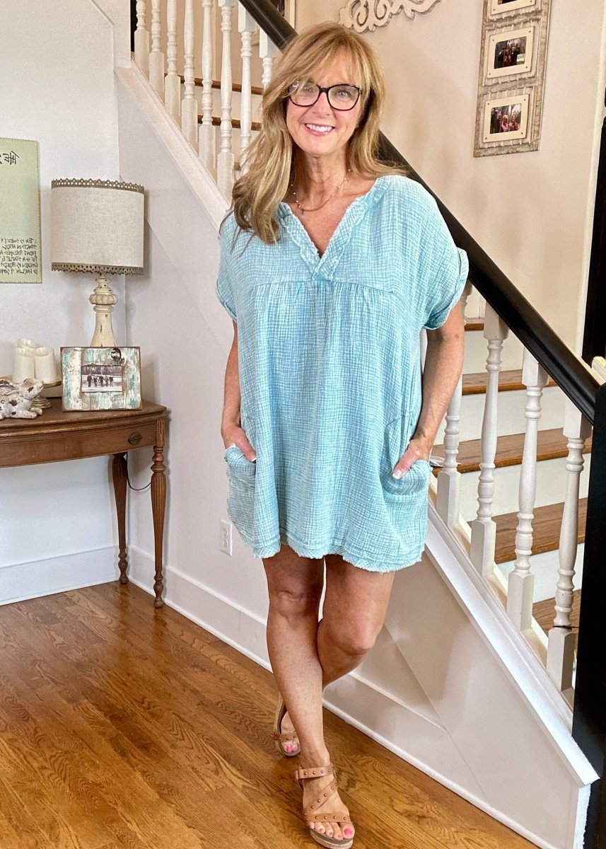 Dusty Teal Gauze Dress - Zenana - Olive Branch, MS - Casual Dress - Jimberly's Boutique - Olive Branch - Mississippi