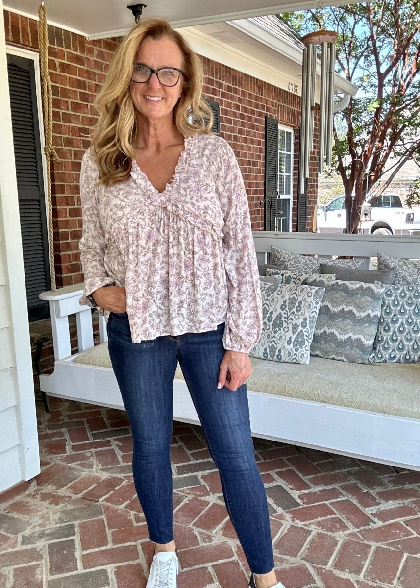 Easel Floral Printed Long Sleeve Top - Natural - Shirts & Tops - Jimberly's Boutique - Olive Branch - Mississippi