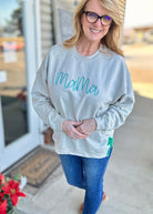 Embroidered Mama Sweatshirt Tan/Teal with Glitter Side Bows - Jimberly's Boutique - Olive Branch - Mississippi